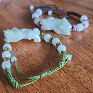 Vintage Dragon Asian Jade Bracelets with Green and Pink Accents